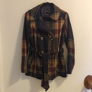Me Jane Burgundy Tan Navy Plaid Double-Breasted Belted Women's Jacket, XL